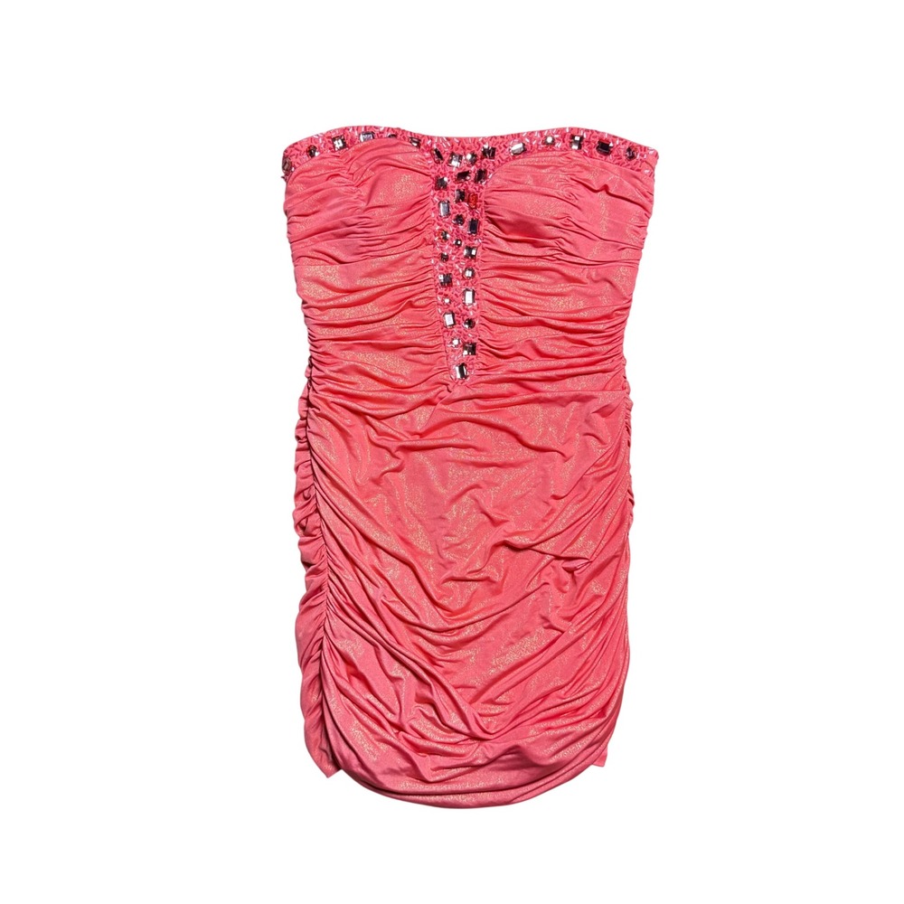 A.B.S. by Allen Schwartz Coral Pink Gold Shimmer Ruched Rhinestone Mini Dress